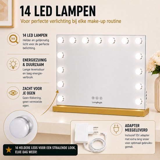 Livingbright - Make Up Spiegel - Hollywood Spiegel met Verlichting 58X46CM - 3 Lichtkleuren - Dimbaar - USB Oplader - Goud - afbeelding 9