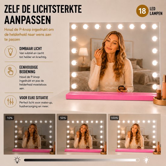 Livingbright - Make Up Spiegel - Hollywood Spiegel met Verlichting 80X60CM - 3 Lichtkleuren - Dimbaar - USB Oplader - Roze - afbeelding 3