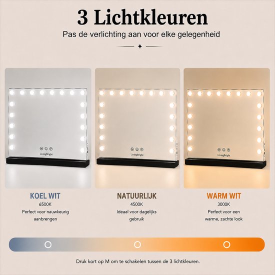 Livingbright - Make Up Spiegel - Hollywood Spiegel met Verlichting 80X60CM - 3 Lichtkleuren - Dimbaar - USB Oplader - Zwart - afbeelding 14