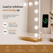 Livingbright - Make Up Spiegel - Hollywood Spiegel met Verlichting 50X40CM - 3 Lichtkleuren - Dimbaar - USB Oplader - Goud - afbeelding 9