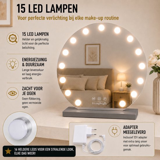Livingbright - Make Up Spiegel Rond - Hollywood Spiegel met Verlichting 60X66CM - 3 Lichtkleuren - Dimbaar - USB Oplader - Grijs - afbeelding 3