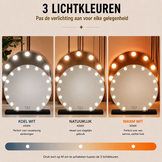 Livingbright - Make Up Spiegel Rond - Hollywood Spiegel met Verlichting 60X66CM - 3 Lichtkleuren - Dimbaar - USB Oplader - Zwart - afbeelding 5
