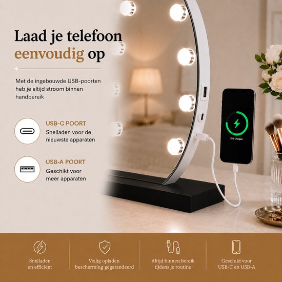 Livingbright - Make Up Spiegel Rond - Hollywood Spiegel met Verlichting 50X55CM - 3 Lichtkleuren - Dimbaar - USB Oplader - Zwart - afbeelding 2