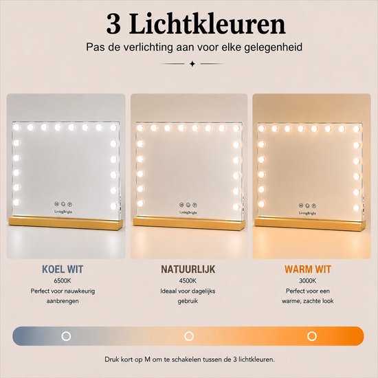 Livingbright - Make Up Spiegel - Hollywood Spiegel met Verlichting 80X60CM - 3 Lichtkleuren - Dimbaar - USB Oplader - Goud - afbeelding 14