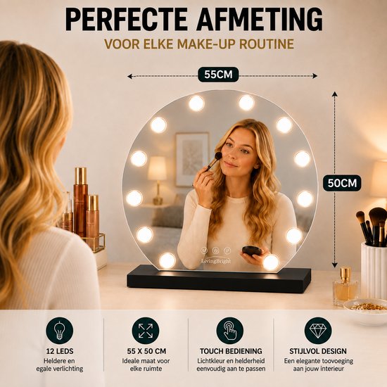 Livingbright - Make Up Spiegel Rond - Hollywood Spiegel met Verlichting 50X55CM - 3 Lichtkleuren - Dimbaar - USB Oplader - Zwart - afbeelding 11