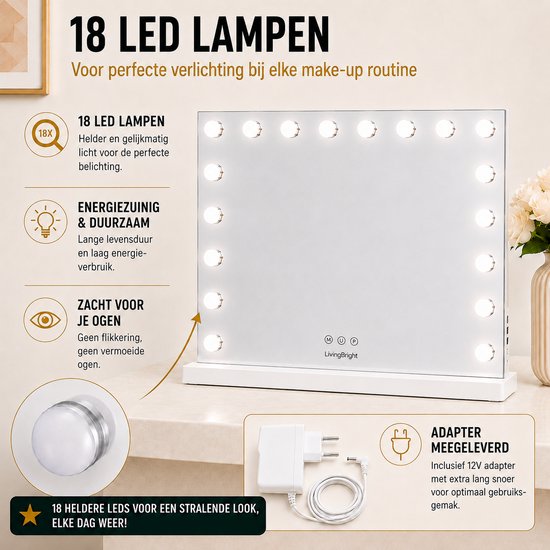 Livingbright - Make Up Spiegel - Hollywood Spiegel met Verlichting 80X60CM - 3 Lichtkleuren - Dimbaar - USB Oplader - Wit - afbeelding 10