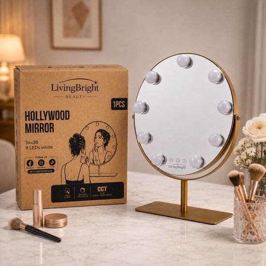 Livingbright - Make Up Spiegel met Verlichting - Rond - Roterend - 9 Leds - Goud - afbeelding 10