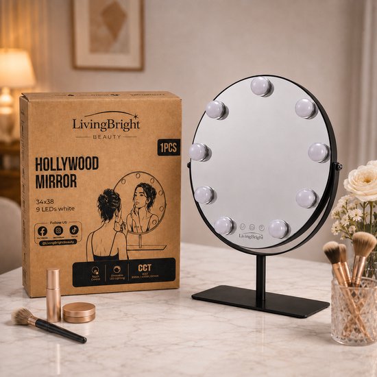Livingbright - Make Up Spiegel met Verlichting - Rond - Roterend - 9 Leds - Zwart - afbeelding 8