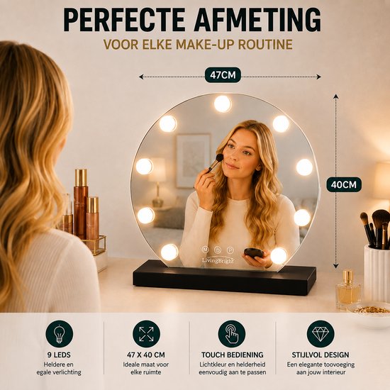 Livingbright - Make Up Spiegel Rond - Hollywood Spiegel met Verlichting 40X47CM - 3 Lichtkleuren - Dimbaar - USB Oplader - Zwart - afbeelding 10