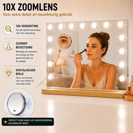 Livingbright - Make Up Spiegel - Hollywood Spiegel met Verlichting 58X46CM - 3 Lichtkleuren - Dimbaar - USB Oplader - Goud - afbeelding 10