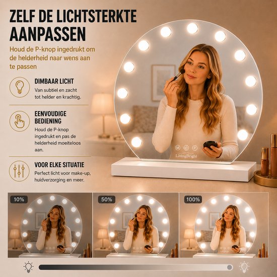 Livingbright - Make Up Spiegel Rond - Hollywood Spiegel met Verlichting 50X55CM - 3 Lichtkleuren - Dimbaar - USB Oplader - Wit - afbeelding 10