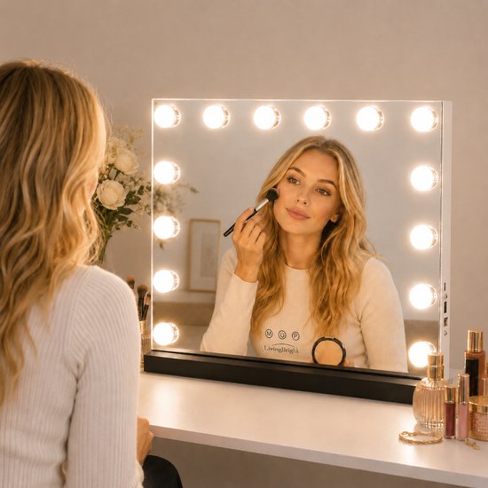 Livingbright - Make Up Spiegel - Hollywood Spiegel met Verlichting 50X40CM - 3 Lichtkleuren - Dimbaar - USB Oplader - Zwart - afbeelding 8