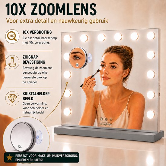 Livingbright - Make Up Spiegel - Hollywood Spiegel met Verlichting 50X40CM - 3 Lichtkleuren - Dimbaar - USB Oplader - Grijs - afbeelding 8