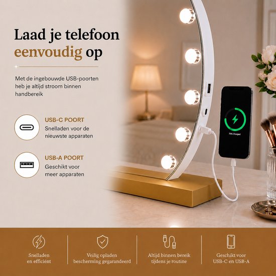 Livingbright - Make Up Spiegel Rond - Hollywood Spiegel met Verlichting 40X47CM - 3 Lichtkleuren - Dimbaar - USB Oplader - Goud - afbeelding 10