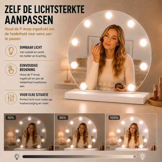 Livingbright - Make Up Spiegel Rond - Hollywood Spiegel met Verlichting 40X47CM - 3 Lichtkleuren - Dimbaar - USB Oplader - Wit - afbeelding 10