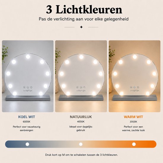 Livingbright - Make Up Spiegel Rond - Hollywood Spiegel met Verlichting 40X47CM - 3 Lichtkleuren - Dimbaar - USB Oplader - Grijs - afbeelding 10