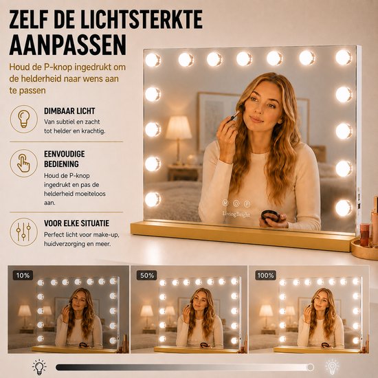 Livingbright - Make Up Spiegel - Hollywood Spiegel met Verlichting 58X46CM - 3 Lichtkleuren - Dimbaar - USB Oplader - Goud - afbeelding 14