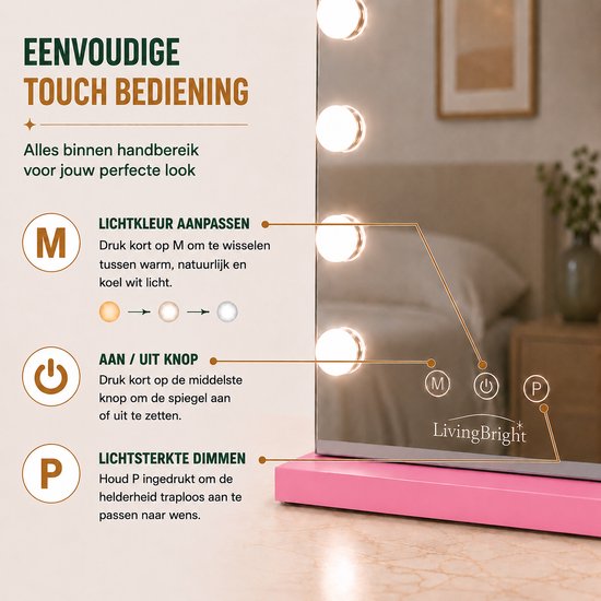 Livingbright - Make Up Spiegel - Hollywood Spiegel met Verlichting 80X60CM - 3 Lichtkleuren - Dimbaar - USB Oplader - Roze - afbeelding 4