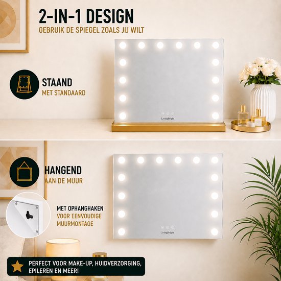 Livingbright - Make Up Spiegel - Hollywood Spiegel met Verlichting 50X40CM - 3 Lichtkleuren - Dimbaar - USB Oplader - Goud - afbeelding 10