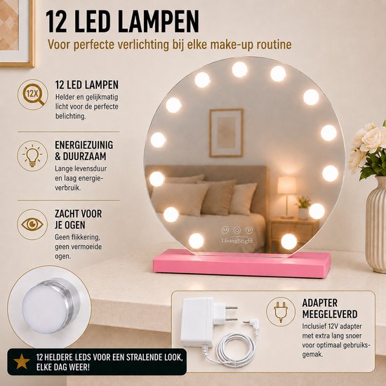 Livingbright - Make Up Spiegel Rond - Hollywood Spiegel met Verlichting 50X55CM - 3 Lichtkleuren - Dimbaar - USB Oplader - Roze - afbeelding 3