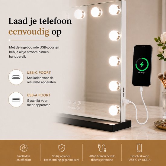 Livingbright - Make Up Spiegel - Hollywood Spiegel met Verlichting 80X60CM - 3 Lichtkleuren - Dimbaar - USB Oplader - Zwart - afbeelding 3