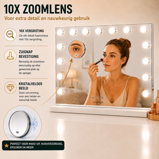 Livingbright - Make Up Spiegel - Hollywood Spiegel met Verlichting 58X46CM - 3 Lichtkleuren - Dimbaar - USB Oplader - Wit - afbeelding 11
