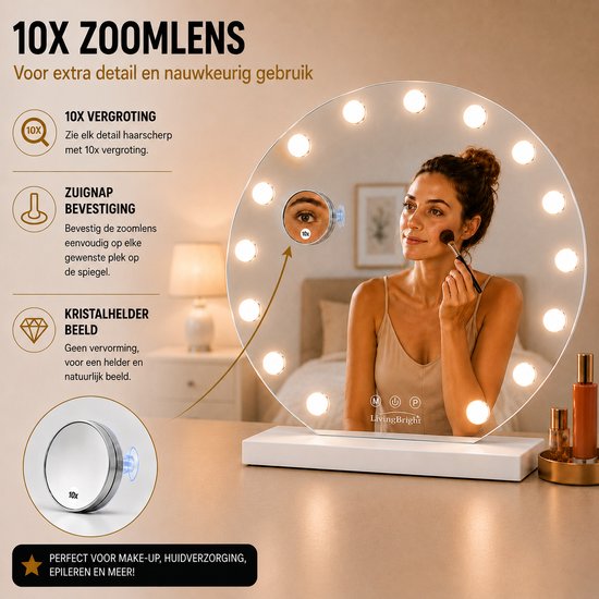Livingbright - Make Up Spiegel Rond - Hollywood Spiegel met Verlichting 60X66CM - 3 Lichtkleuren - Dimbaar - USB Oplader - Wit - afbeelding 10