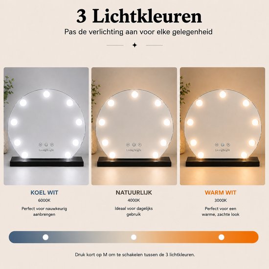 Livingbright - Make Up Spiegel Rond - Hollywood Spiegel met Verlichting 40X47CM - 3 Lichtkleuren - Dimbaar - USB Oplader - Zwart - afbeelding 11
