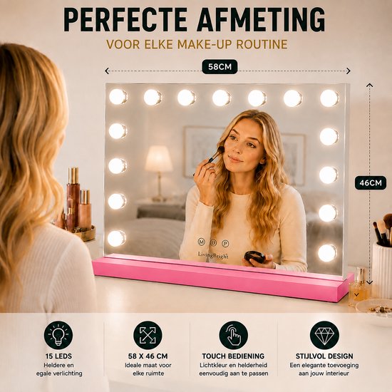 Livingbright - Make Up Spiegel - Hollywood Spiegel met Verlichting 58X46CM - 3 Lichtkleuren - Dimbaar - USB Oplader - Roze - afbeelding 11