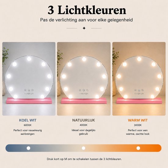 Livingbright - Make Up Spiegel Rond - Hollywood Spiegel met Verlichting 40X47CM - 3 Lichtkleuren - Dimbaar - USB Oplader - Roze - afbeelding 11