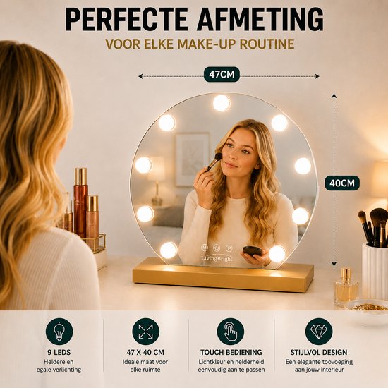 Livingbright - Make Up Spiegel Rond - Hollywood Spiegel met Verlichting 40X47CM - 3 Lichtkleuren - Dimbaar - USB Oplader - Goud - afbeelding 11