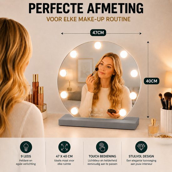 Livingbright - Make Up Spiegel Rond - Hollywood Spiegel met Verlichting 40X47CM - 3 Lichtkleuren - Dimbaar - USB Oplader - Grijs - afbeelding 11
