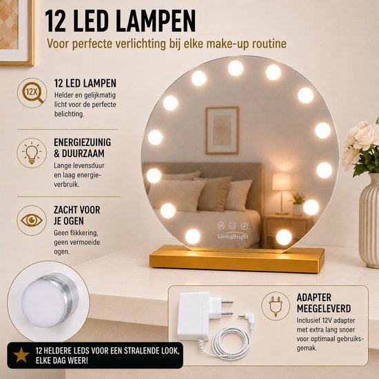 Livingbright - Make Up Spiegel Rond - Hollywood Spiegel met Verlichting 50X55CM - 3 Lichtkleuren - Dimbaar - USB Oplader - Goud - afbeelding 4