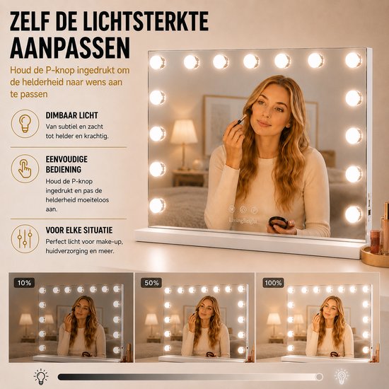 Livingbright - Make Up Spiegel - Hollywood Spiegel met Verlichting 58X46CM - 3 Lichtkleuren - Dimbaar - USB Oplader - Wit - afbeelding 14