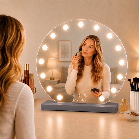 Livingbright - Make Up Spiegel Rond - Hollywood Spiegel met Verlichting 60X66CM - 3 Lichtkleuren - Dimbaar - USB Oplader - Grijs - afbeelding 8