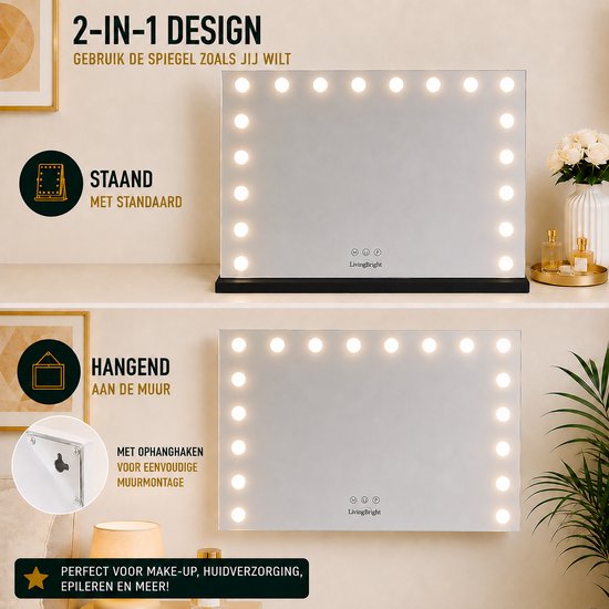 Livingbright - Make Up Spiegel - Hollywood Spiegel met Verlichting 80X60CM - 3 Lichtkleuren - Dimbaar - USB Oplader - Zwart - afbeelding 8