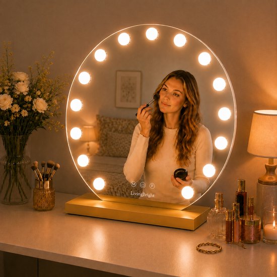 Livingbright - Make Up Spiegel Rond - Hollywood Spiegel met Verlichting 60X66CM - 3 Lichtkleuren - Dimbaar - USB Oplader - Goud - afbeelding 9