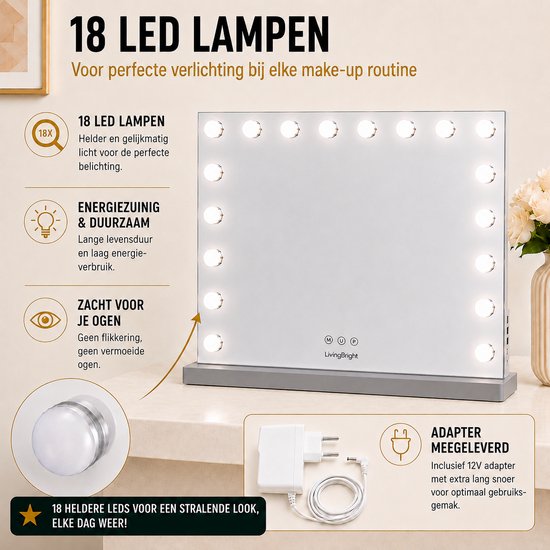 Livingbright - Make Up Spiegel - Hollywood Spiegel met Verlichting 80X60CM - 3 Lichtkleuren - Dimbaar - USB Oplader - Grijs - afbeelding 10