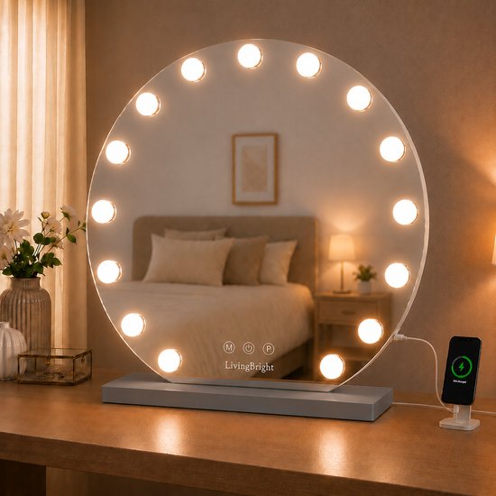 Livingbright - Make Up Spiegel Rond - Hollywood Spiegel met Verlichting 60X66CM - 3 Lichtkleuren - Dimbaar - USB Oplader - Grijs - afbeelding 13