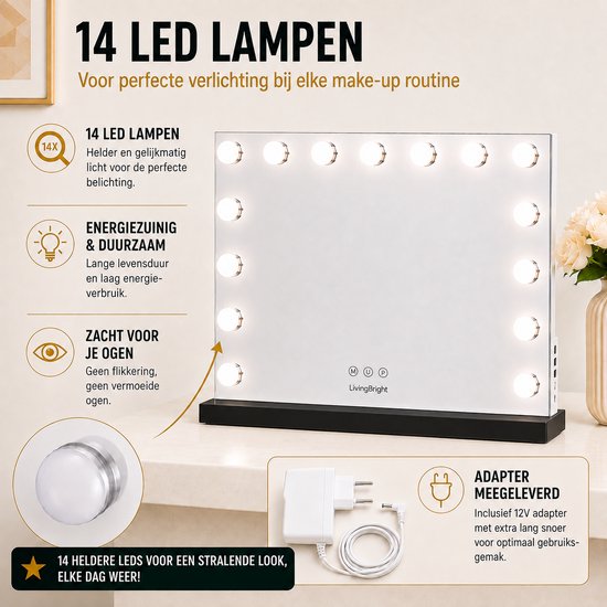 Livingbright - Make Up Spiegel - Hollywood Spiegel met Verlichting 58X46CM - 3 Lichtkleuren - Dimbaar - USB Oplader - Zwart - afbeelding 14