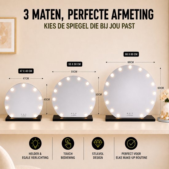 Livingbright - Make Up Spiegel Rond - Hollywood Spiegel met Verlichting 50X55CM - 3 Lichtkleuren - Dimbaar - USB Oplader - Zwart - afbeelding 13