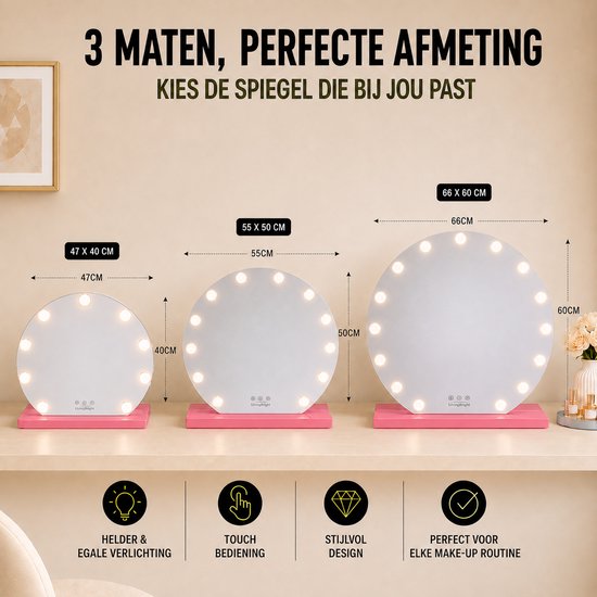Livingbright - Make Up Spiegel Rond - Hollywood Spiegel met Verlichting 60X66CM - 3 Lichtkleuren - Dimbaar - USB Oplader - Roze - afbeelding 12