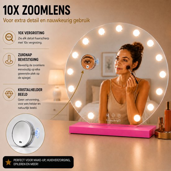 Livingbright - Make Up Spiegel Rond - Hollywood Spiegel met Verlichting 60X66CM - 3 Lichtkleuren - Dimbaar - USB Oplader - Roze - afbeelding 5