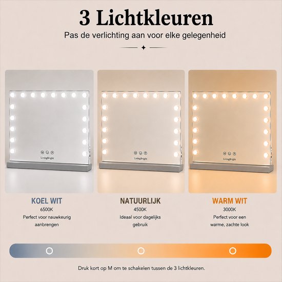 Livingbright - Make Up Spiegel - Hollywood Spiegel met Verlichting 80X60CM - 3 Lichtkleuren - Dimbaar - USB Oplader - Grijs - afbeelding 13