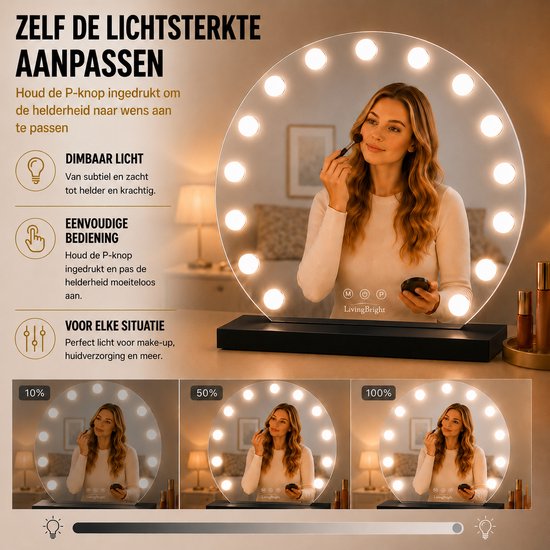 Livingbright - Make Up Spiegel Rond - Hollywood Spiegel met Verlichting 60X66CM - 3 Lichtkleuren - Dimbaar - USB Oplader - Zwart - afbeelding 2