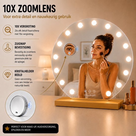 Livingbright - Make Up Spiegel Rond - Hollywood Spiegel met Verlichting 60X66CM - 3 Lichtkleuren - Dimbaar - USB Oplader - Goud - afbeelding 4