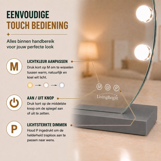 Livingbright - Make Up Spiegel Rond - Hollywood Spiegel met Verlichting 50X55CM - 3 Lichtkleuren - Dimbaar - USB Oplader - Grijs - afbeelding 3