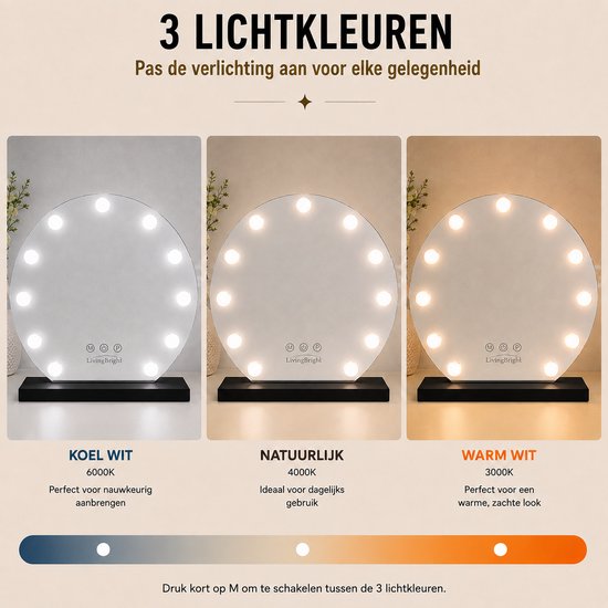 Livingbright - Make Up Spiegel Rond - Hollywood Spiegel met Verlichting 50X55CM - 3 Lichtkleuren - Dimbaar - USB Oplader - Zwart - afbeelding 5