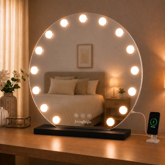 Livingbright - Make Up Spiegel Rond - Hollywood Spiegel met Verlichting 60X66CM - 3 Lichtkleuren - Dimbaar - USB Oplader - Zwart - afbeelding 7