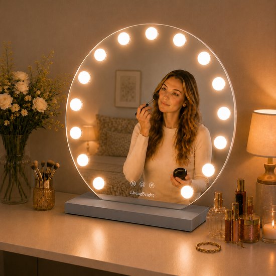 Livingbright - Make Up Spiegel Rond - Hollywood Spiegel met Verlichting 60X66CM - 3 Lichtkleuren - Dimbaar - USB Oplader - Grijs - afbeelding 9